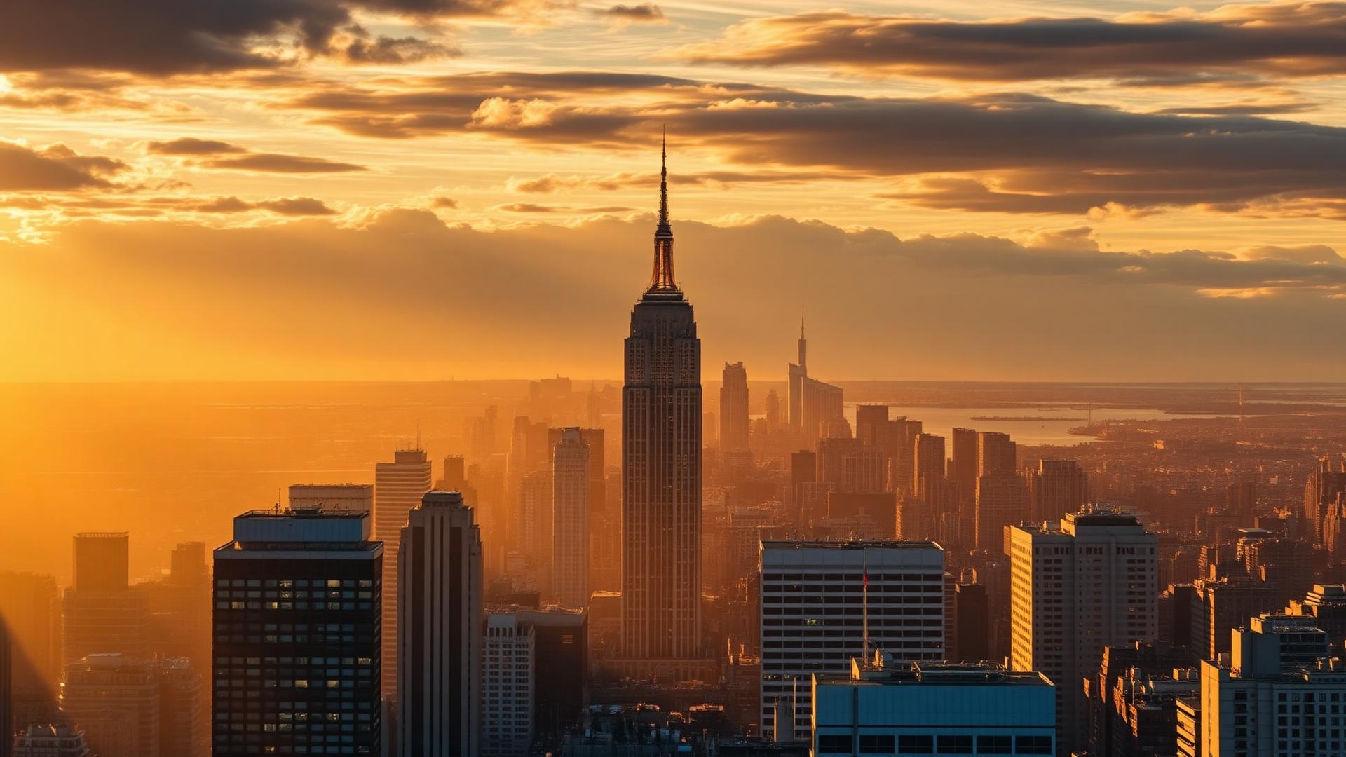 Manhattan skyline at golden hour